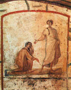 Сцена беседы Иисуса с женщиной, страдавшей кровотечением